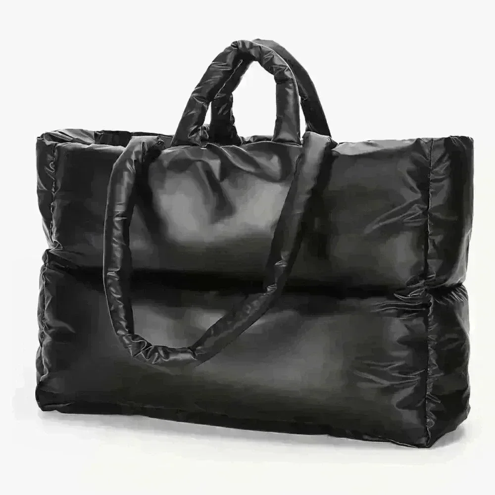 Black puffer quilted travel tote